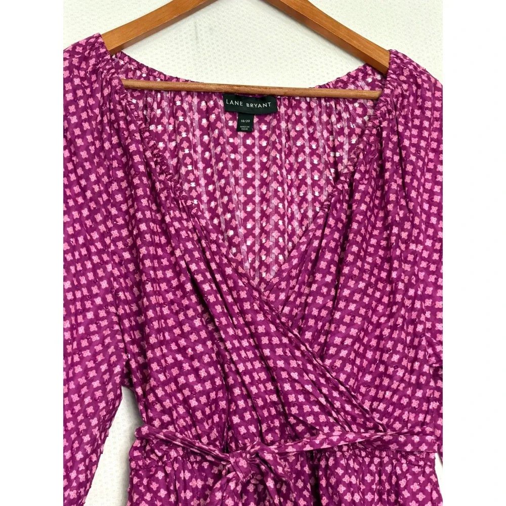 Lane Bryant Purple Pink Geometric Wrap Top Cotton‎ Balloon Sleeve Blouse 18/20